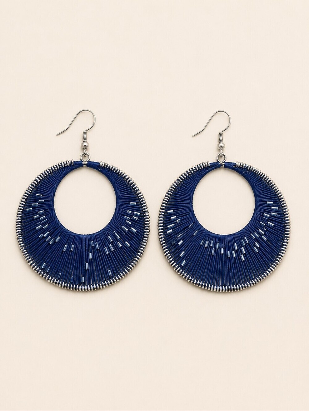 Jumbo Navy Blue Beaded Spirograph Baddie Flamenco Dangle Hook Earrings